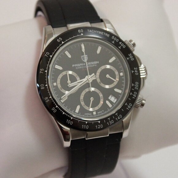 Men's Meca Quartz Chronograph Tachymeter 3 Sub-Dials Date Rubber Strap 40mm - Picture 2 of 15